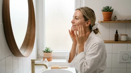 Frau mittleren Alters mit gesunder strahlender Haut bei ihrer Hautpflegeroutine