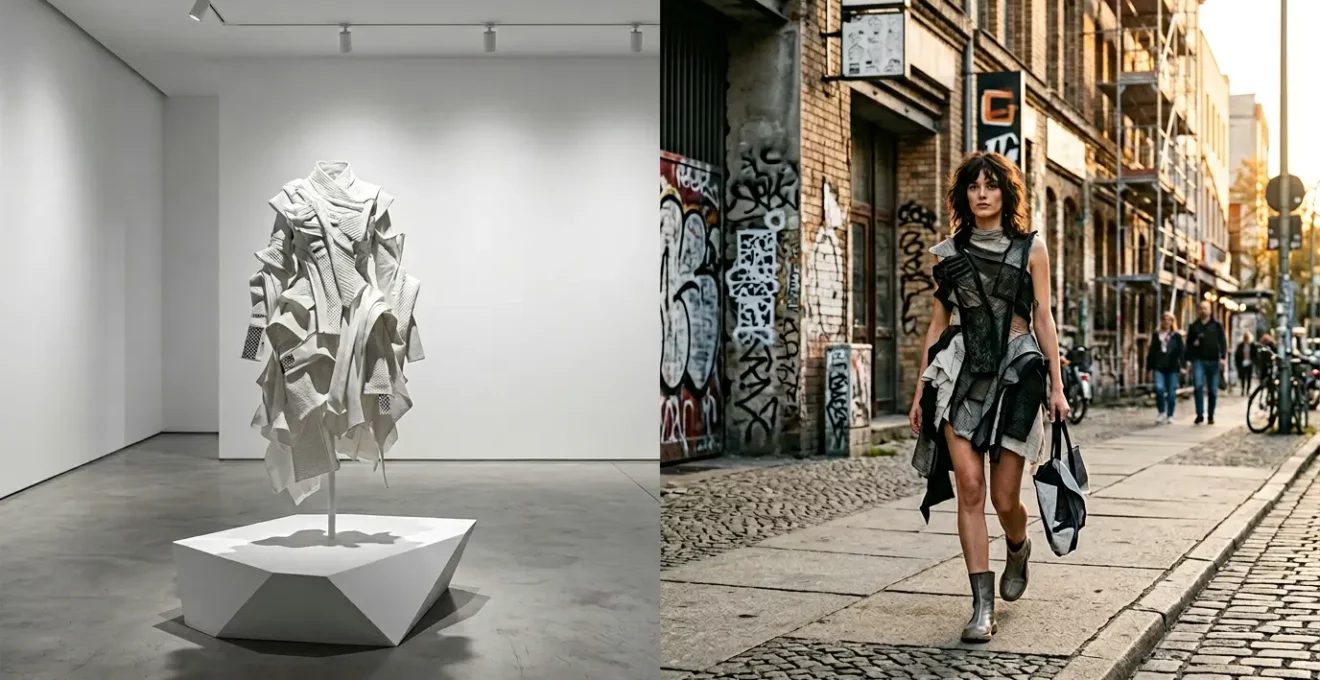Kontrastreiches Bild zeigt avantgardistische Mode zwischen Museum und Straße