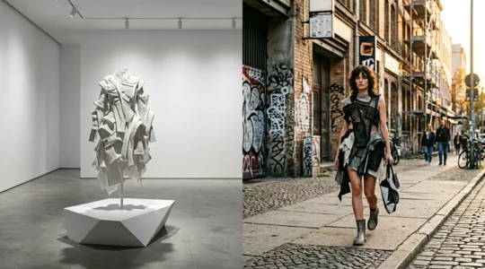 Kontrastreiches Bild zeigt avantgardistische Mode zwischen Museum und Straße