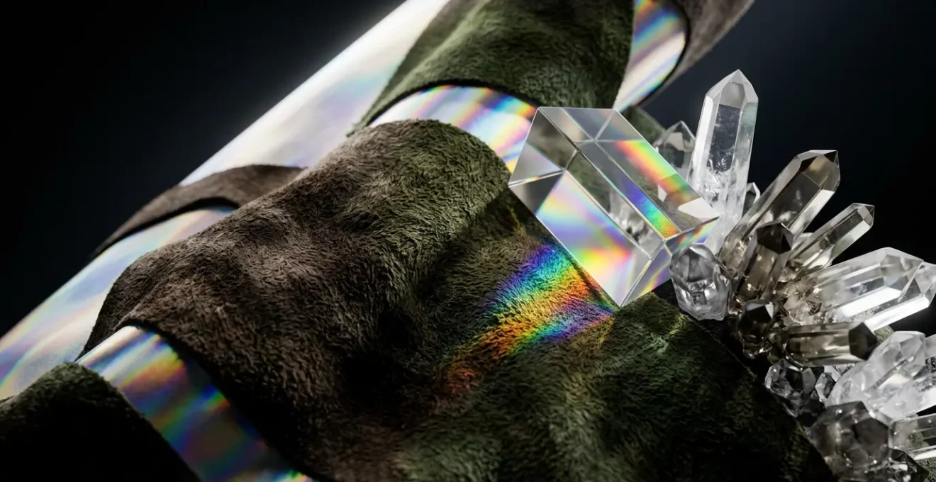 Nahaufnahme von innovativen nachhaltigen Materialien in der Luxusmode - veganes Leder und digitale Elemente verschmelzen