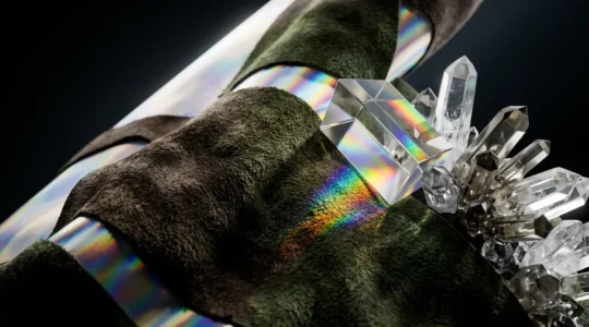 Nahaufnahme von innovativen nachhaltigen Materialien in der Luxusmode - veganes Leder und digitale Elemente verschmelzen