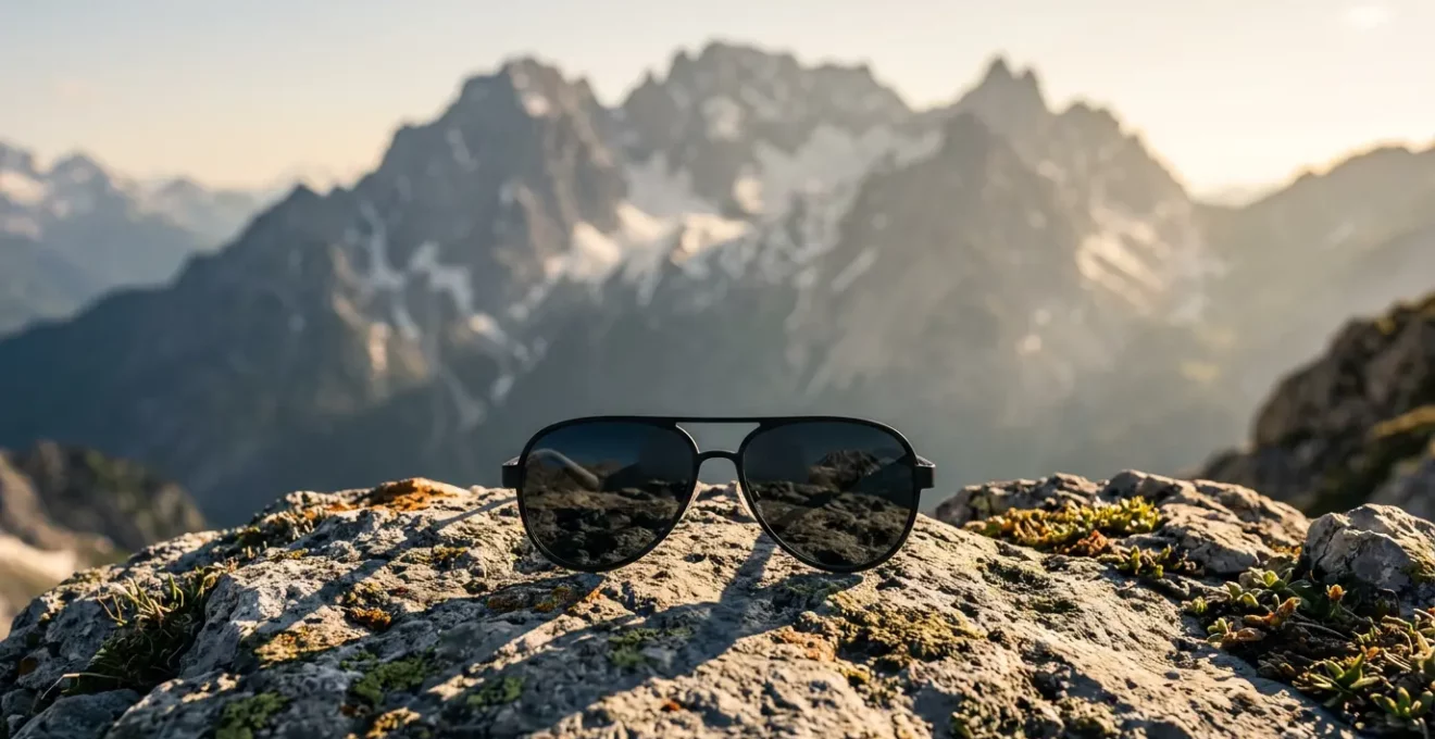 Sonnenbrille mit CE-Zeichen vor alpiner Bergkulisse mit Schnee und gleißender Sonne
