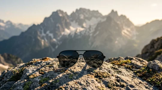 Sonnenbrille mit CE-Zeichen vor alpiner Bergkulisse mit Schnee und gleißender Sonne