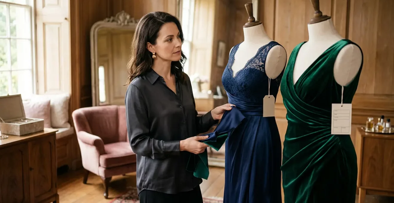 Elegante Frau betrachtet zwei Abendkleider im Spiegel eines luxuriösen Ankleidezimmers