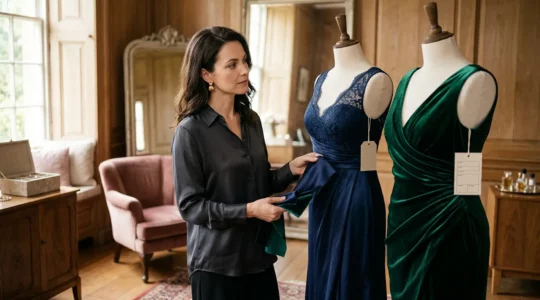 Elegante Frau betrachtet zwei Abendkleider im Spiegel eines luxuriösen Ankleidezimmers