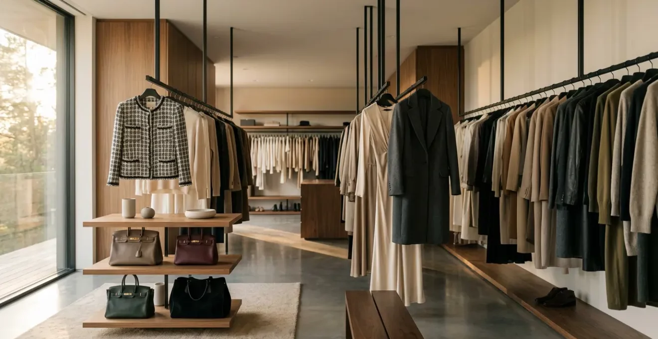 Luxuriöse Designer-Handtaschen und Kleidungsstücke verschiedener Epochen in elegantem Ambiente