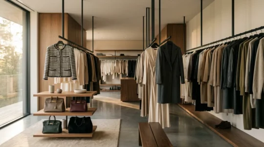 Luxuriöse Designer-Handtaschen und Kleidungsstücke verschiedener Epochen in elegantem Ambiente