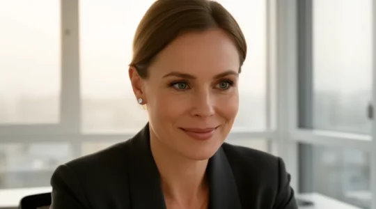 Elegante Diamantohrstecker am Ohr einer Frau im Home-Office