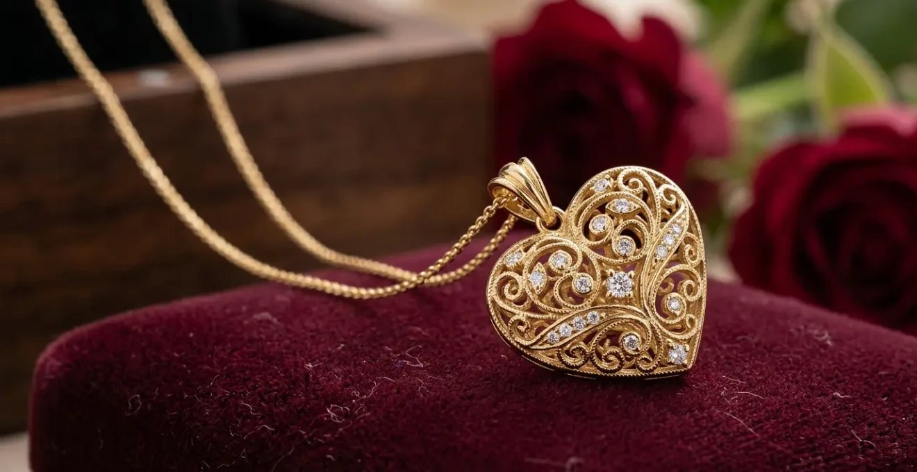 Nahaufnahme eines filigranen goldenen Anhängers mit zarter Kette auf Samt