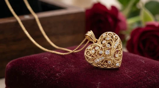 Nahaufnahme eines filigranen goldenen Anhängers mit zarter Kette auf Samt