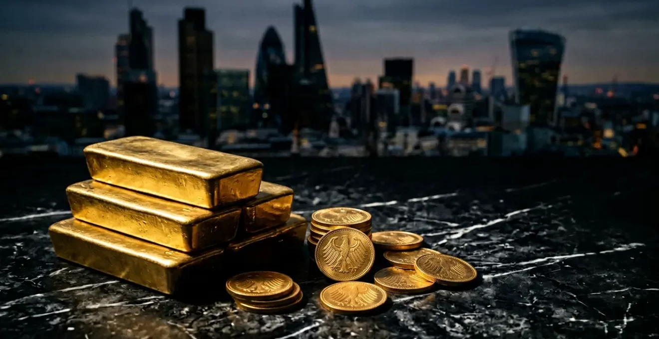 Goldbarren und Münzen mit deutschem Wirtschaftssymbol zeigen Inflationsschutz