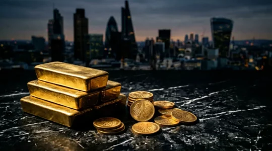 Goldbarren und Münzen mit deutschem Wirtschaftssymbol zeigen Inflationsschutz