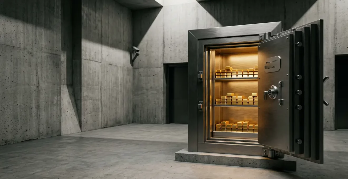 Goldbarren in sicherem Tresor mit Zertifikaten und modernen Sicherheitsvorkehrungen