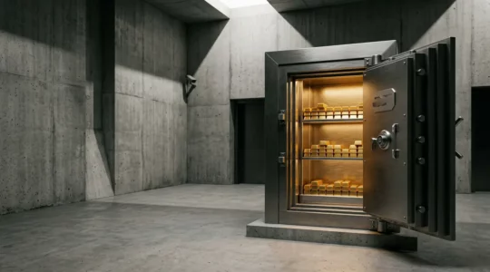 Goldbarren in sicherem Tresor mit Zertifikaten und modernen Sicherheitsvorkehrungen