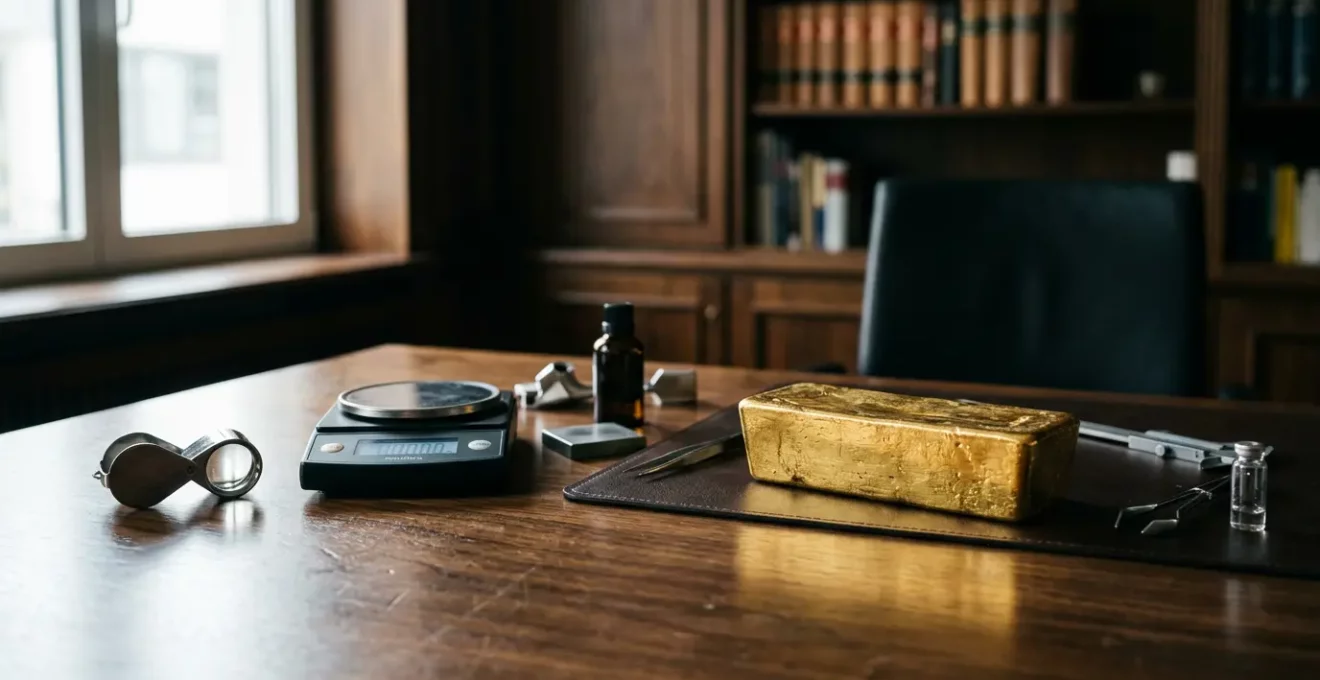 Detailaufnahme eines Goldbarrens mit Sicherheitsmerkmalen und Prüfwerkzeugen auf einem dunklen Holztisch