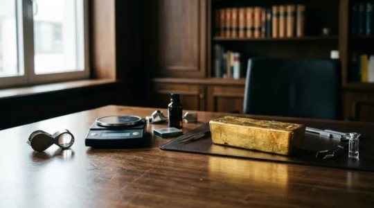 Detailaufnahme eines Goldbarrens mit Sicherheitsmerkmalen und Prüfwerkzeugen auf einem dunklen Holztisch