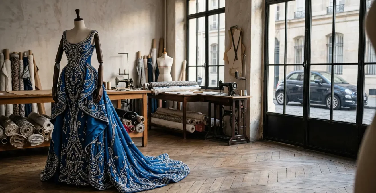 Elegantes Haute-Couture-Abendkleid mit aufwendiger Handstickerei neben luxuriösem Kleinwagen im Atelier