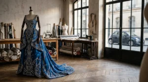 Elegantes Haute-Couture-Abendkleid mit aufwendiger Handstickerei neben luxuriösem Kleinwagen im Atelier