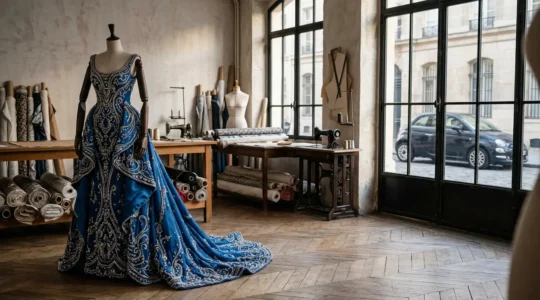 Elegantes Haute-Couture-Abendkleid mit aufwendiger Handstickerei neben luxuriösem Kleinwagen im Atelier