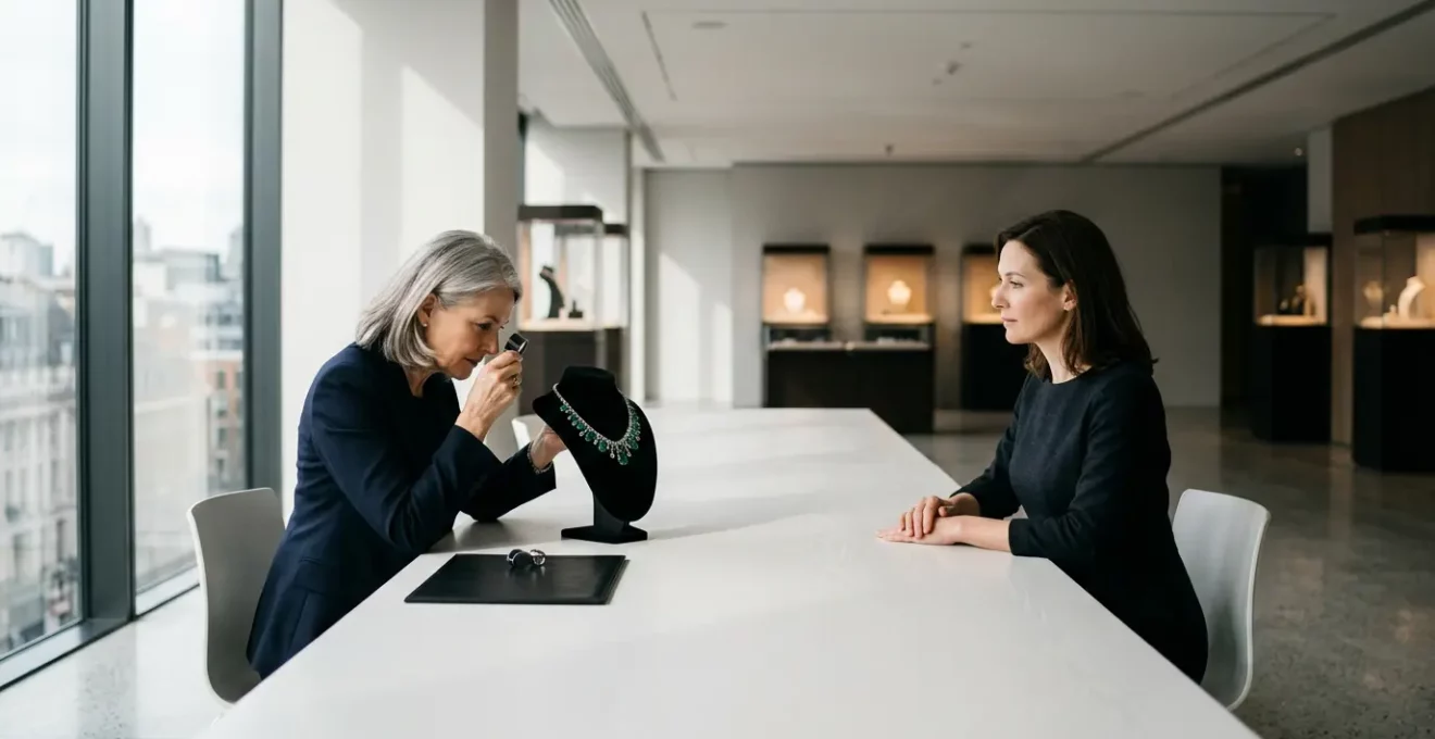Experten begutachten kostbare Juwelen bei einer exklusiven Auktionsvorbesichtigung