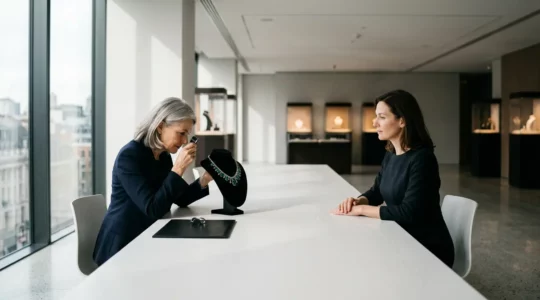 Experten begutachten kostbare Juwelen bei einer exklusiven Auktionsvorbesichtigung