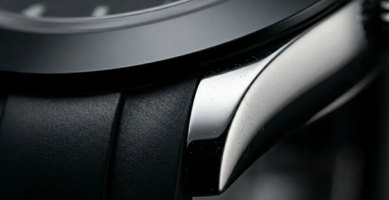 Detailaufnahme einer Luxusuhr aus schwarzer Hightech-Keramik mit sichtbaren Oberflächenreflexionen