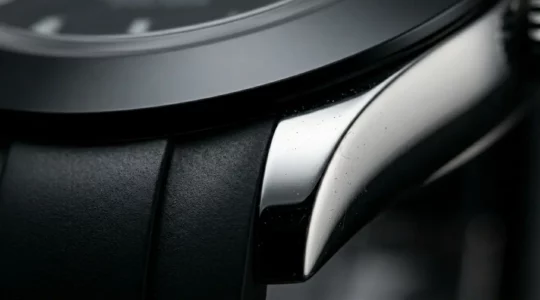 Detailaufnahme einer Luxusuhr aus schwarzer Hightech-Keramik mit sichtbaren Oberflächenreflexionen