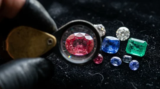 Nahaufnahme von verschiedenen Edelsteinen unter einer Lupe mit natürlichem Licht