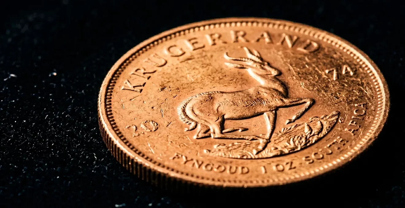 Krügerrand Goldmünze in makro Nahaufnahme auf schwarzem Samthintergrund