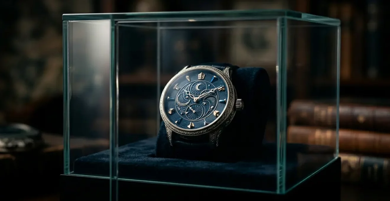 Nahaufnahme einer limitierten Luxusuhr in Sammlervitrine mit dramatischer Beleuchtung