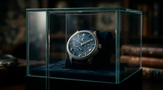 Nahaufnahme einer limitierten Luxusuhr in Sammlervitrine mit dramatischer Beleuchtung