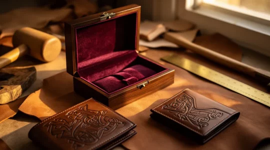 Ein kunstvoller Mix aus personalisierten Luxusgeschenken in warmem, goldenem Licht