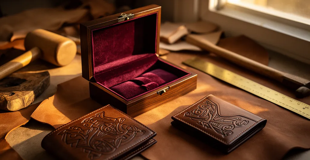 Ein kunstvoller Mix aus personalisierten Luxusgeschenken in warmem, goldenem Licht