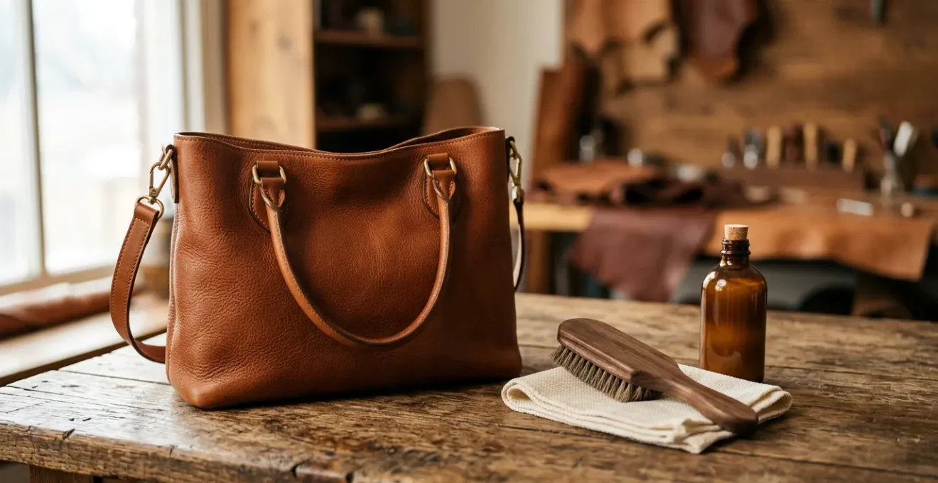 Hochwertige Ledertasche auf Holztisch mit Pflegeutensilien