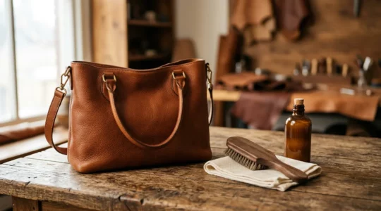 Hochwertige Ledertasche auf Holztisch mit Pflegeutensilien