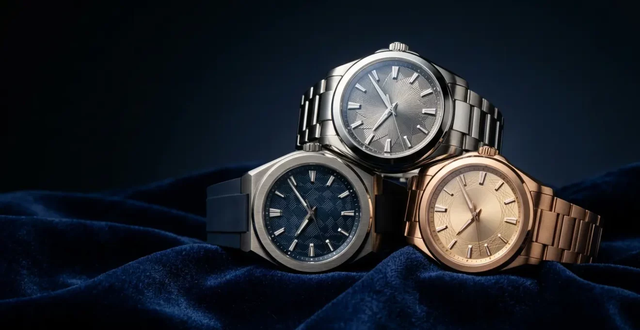 Drei hochwertige Luxusuhren von Rolex, Omega und Breitling im eleganten Vergleich auf dunklem Samthintergrund