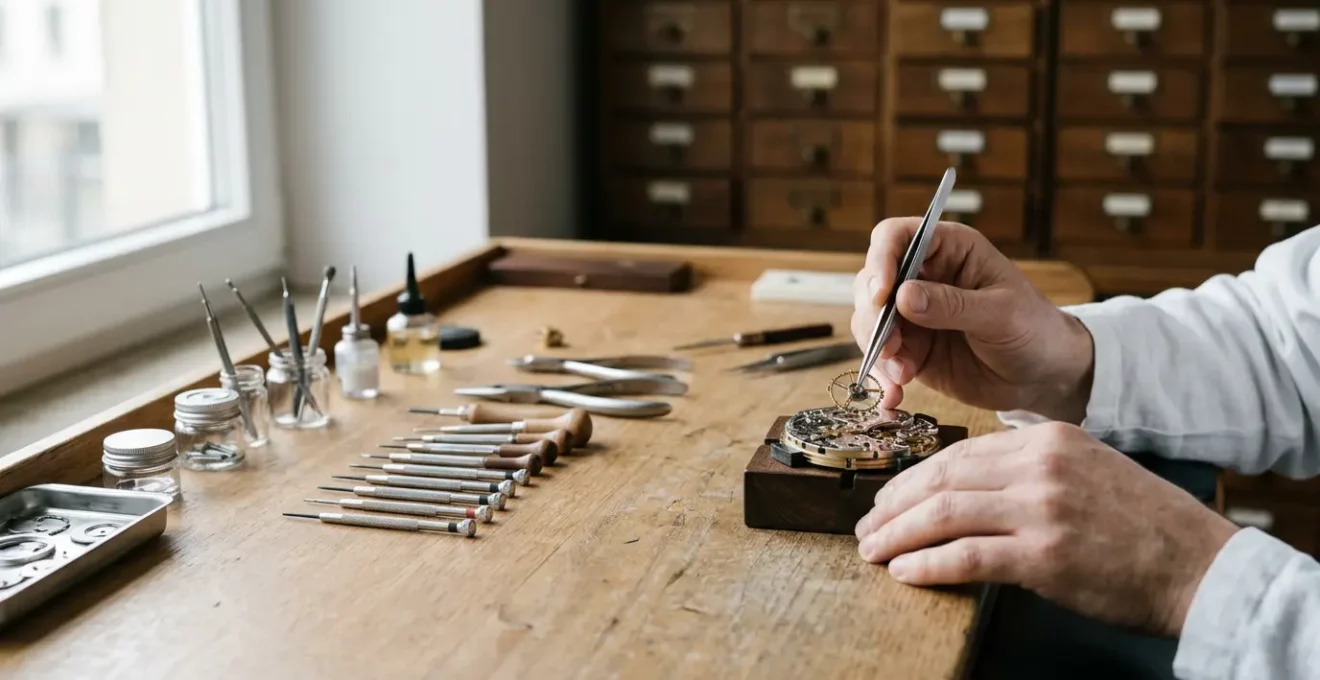 Meisteruhrmacher bei der Präzisionsmontage eines Manufaktur-Kalibers in einer deutschen Uhrenmanufaktur