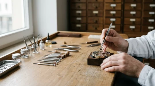 Meisteruhrmacher bei der Präzisionsmontage eines Manufaktur-Kalibers in einer deutschen Uhrenmanufaktur