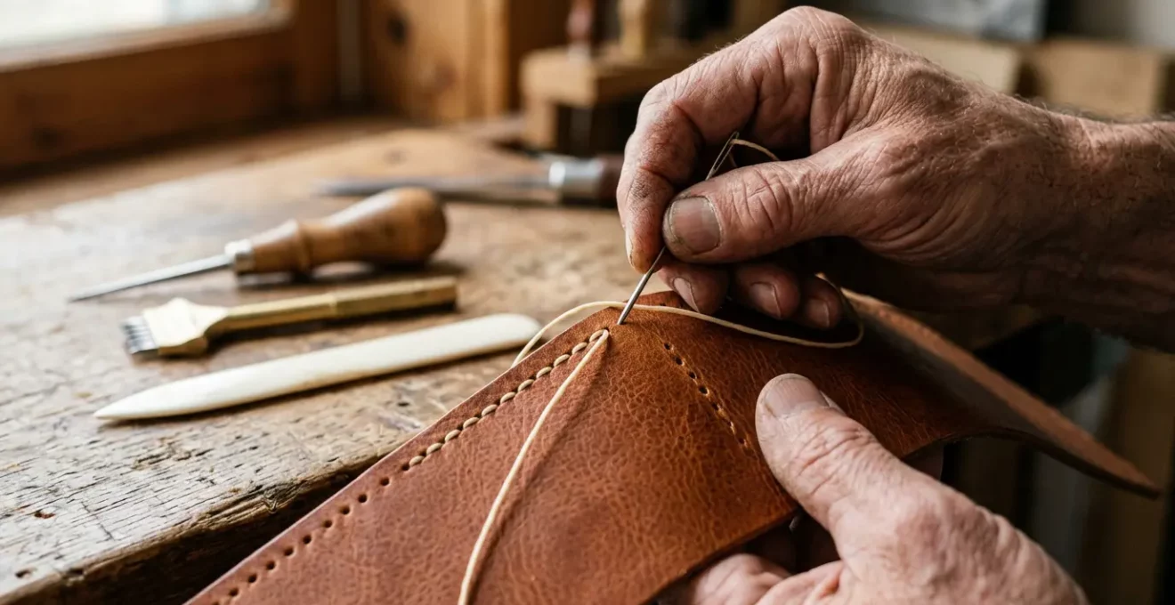 Detailaufnahme von handwerklicher Luxusherstellung mit Fokus auf präzise Handarbeit