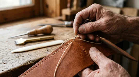 Detailaufnahme von handwerklicher Luxusherstellung mit Fokus auf präzise Handarbeit