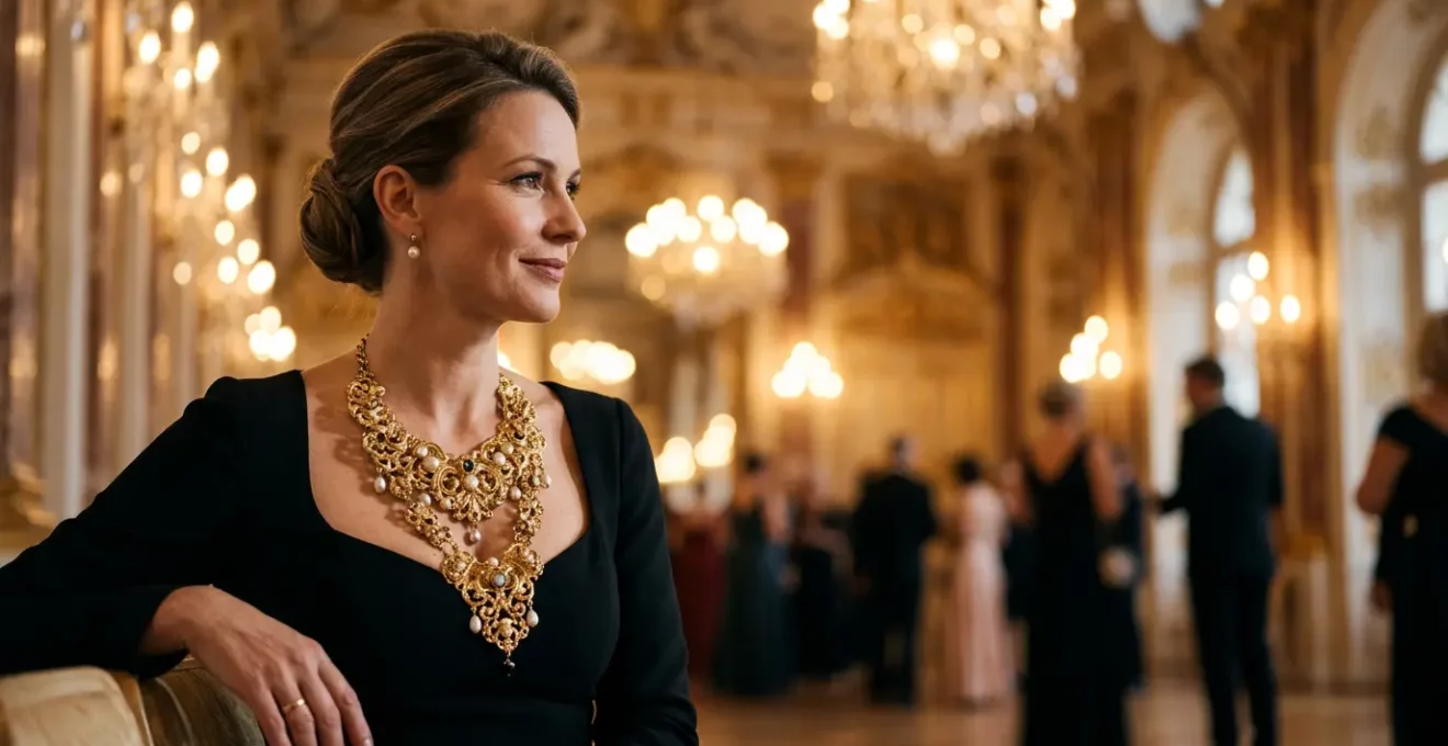 Elegante Frau trägt massives Statement-Collier mit schlichtem Abendkleid bei einer Abendveranstaltung