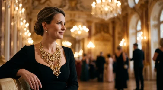 Elegante Frau trägt massives Statement-Collier mit schlichtem Abendkleid bei einer Abendveranstaltung