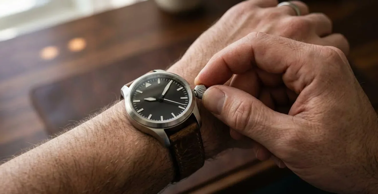 Nahaufnahme einer mechanischen Luxusuhr beim Aufziehen der Krone mit verschwommenem Hintergrund