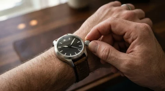 Nahaufnahme einer mechanischen Luxusuhr beim Aufziehen der Krone mit verschwommenem Hintergrund