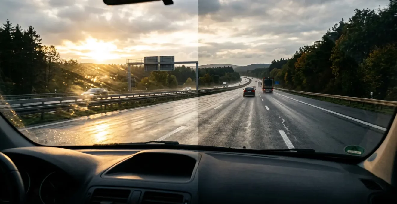 Vergleich von polarisierten Brillengläsern beim Autofahren auf nasser Straße