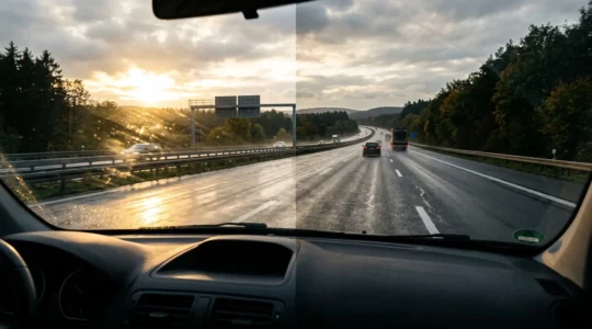 Vergleich von polarisierten Brillengläsern beim Autofahren auf nasser Straße