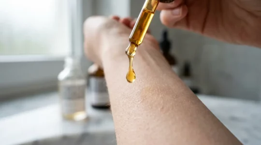 Professionelle Hautpflegeanwendung mit Retinol-Serum in deutscher Apotheke