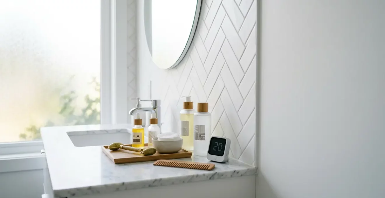 Moderne minimalistische Badezimmerszene mit effizienten Schönheitsprodukten für schnelle Morgenroutine