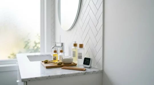 Moderne minimalistische Badezimmerszene mit effizienten Schönheitsprodukten für schnelle Morgenroutine