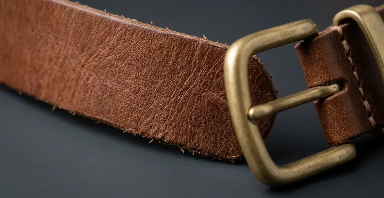 Detailaufnahme eines hochwertigen Vollleder-Gürtels mit sichtbarer Narbung und handgenähten Nähten